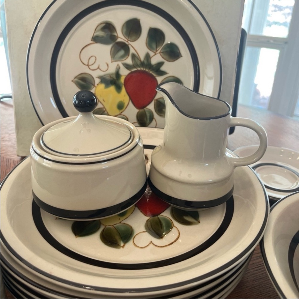 Charming Cream and Black Dinnerware Set with Fruit Design